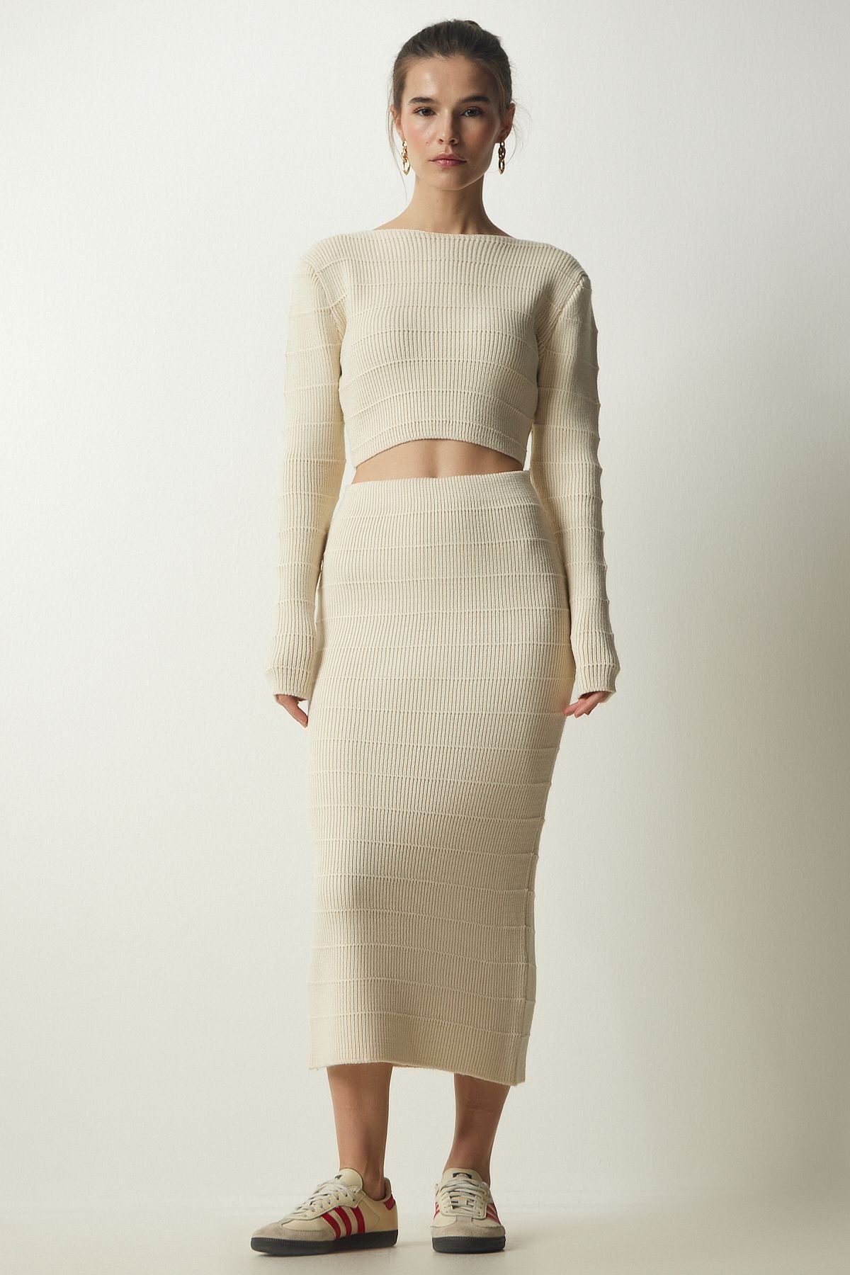 Krem Fitilli Crop Triko Kazak Etek Takım YY00190