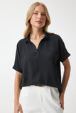 Siyah Polo Yaka Örme Krinkıl Bluz DD01299