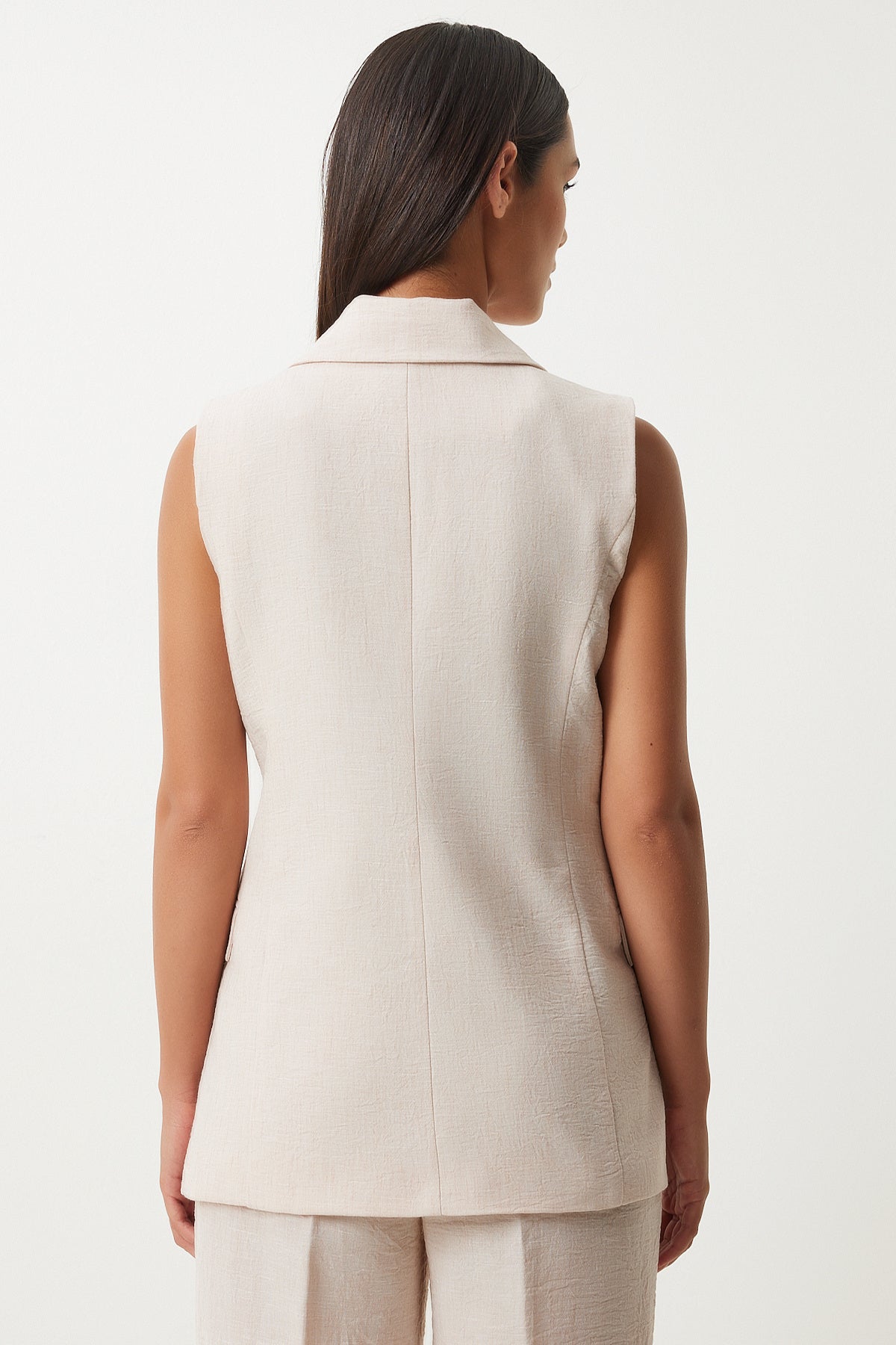Krem Şal Yaka Oversize Yelek Pantolon Takım  FN03230