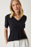 Siyah V Yaka Basic Viskon Örme T-Shirt EN00613