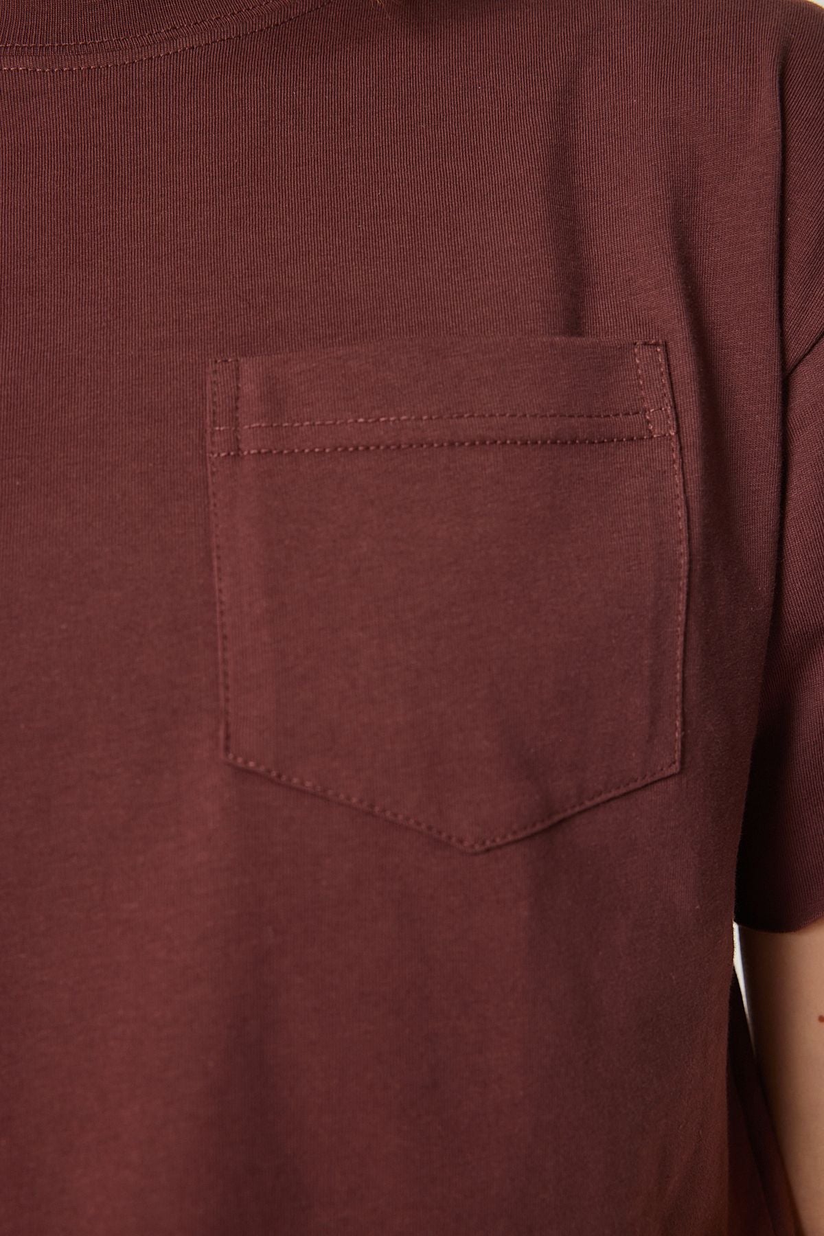 Kahverengi Pamuklu Crop Örme T-Shirt CR00443