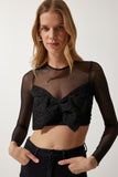 Siyah Fiyonk Detaylı Transparan Crop Bluz WF00065