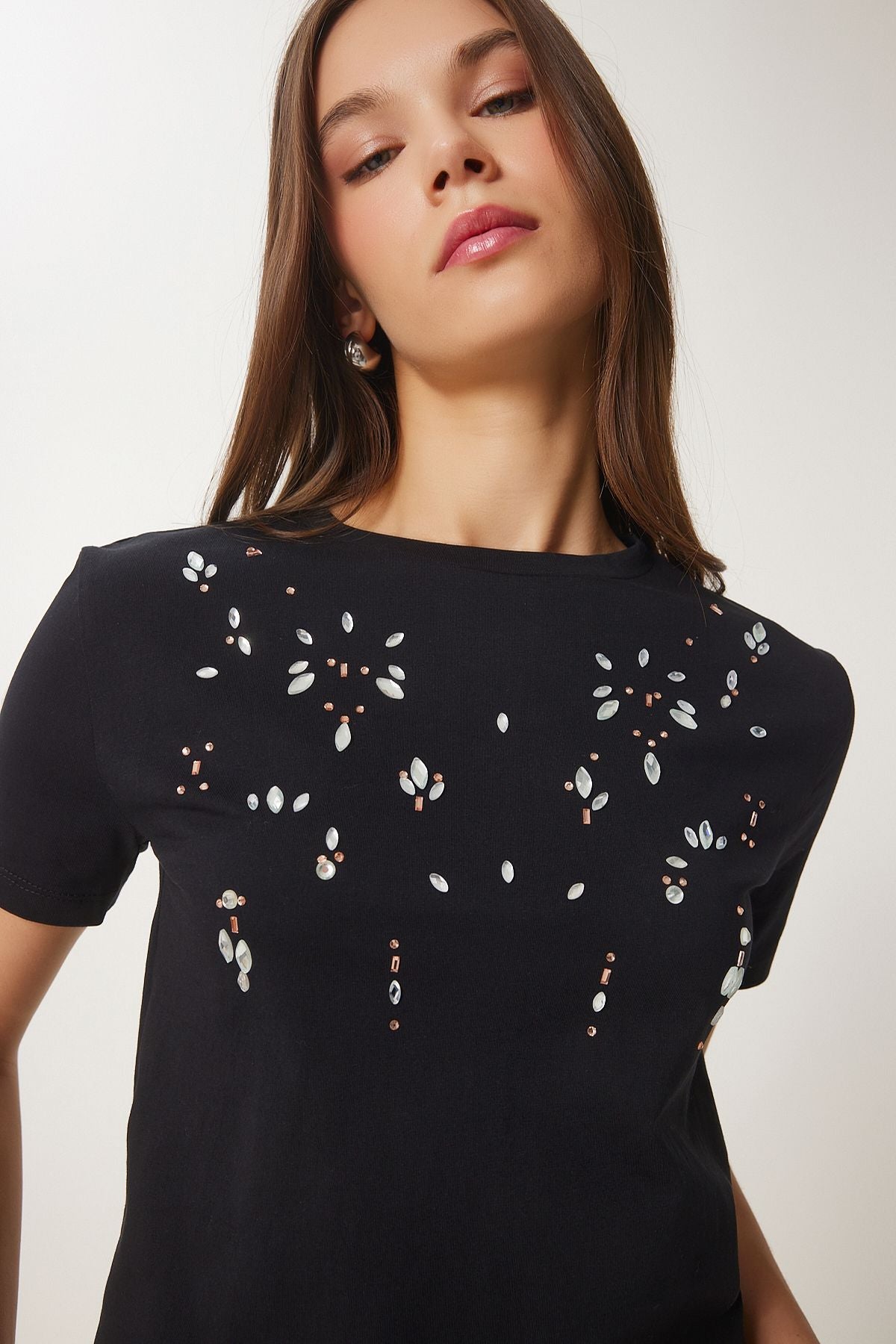 Siyah Şık Taşlı Crop Örme T-Shirt JH00053
