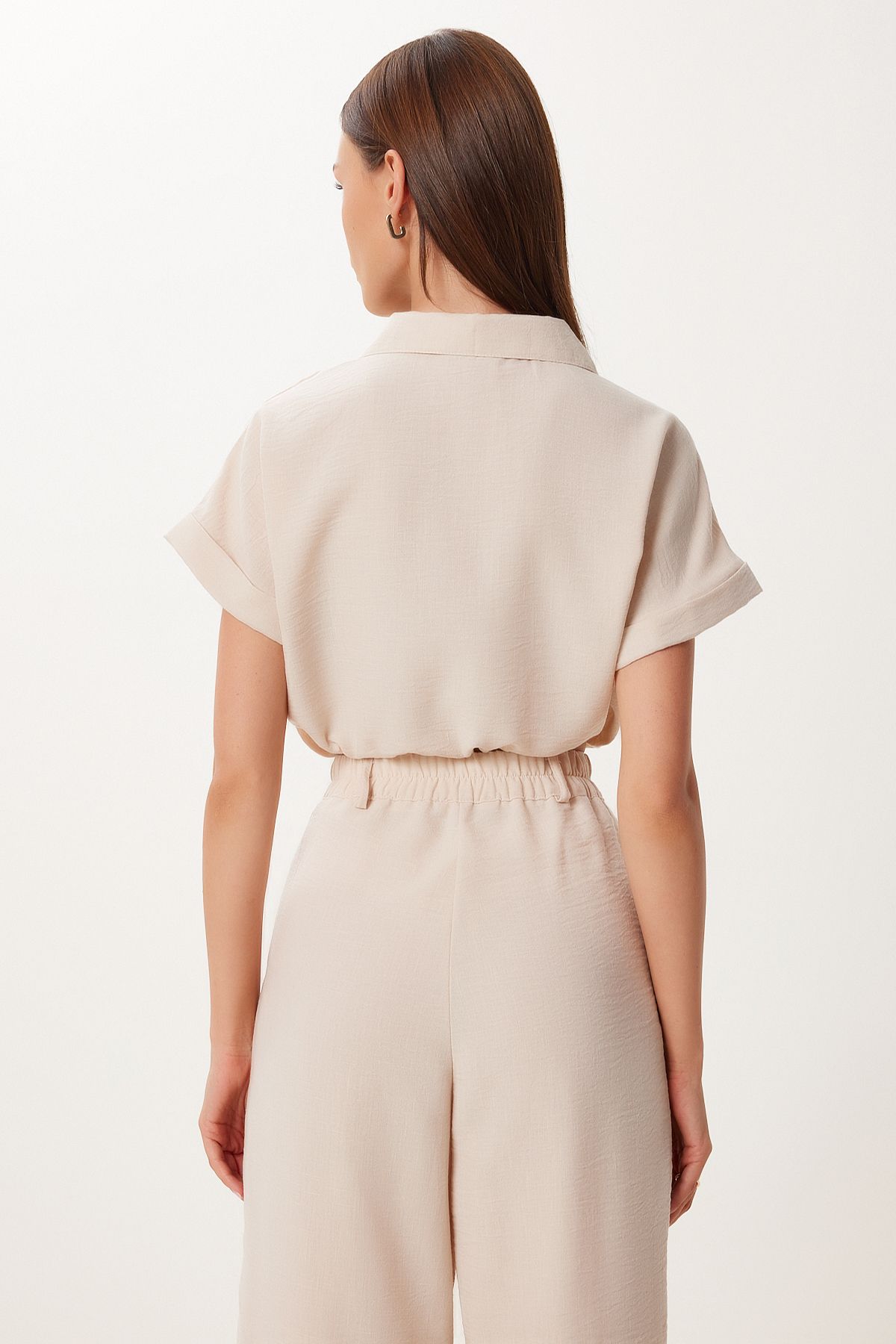 Krem Keten Crop Gömlek Pantolon Takım BV00149