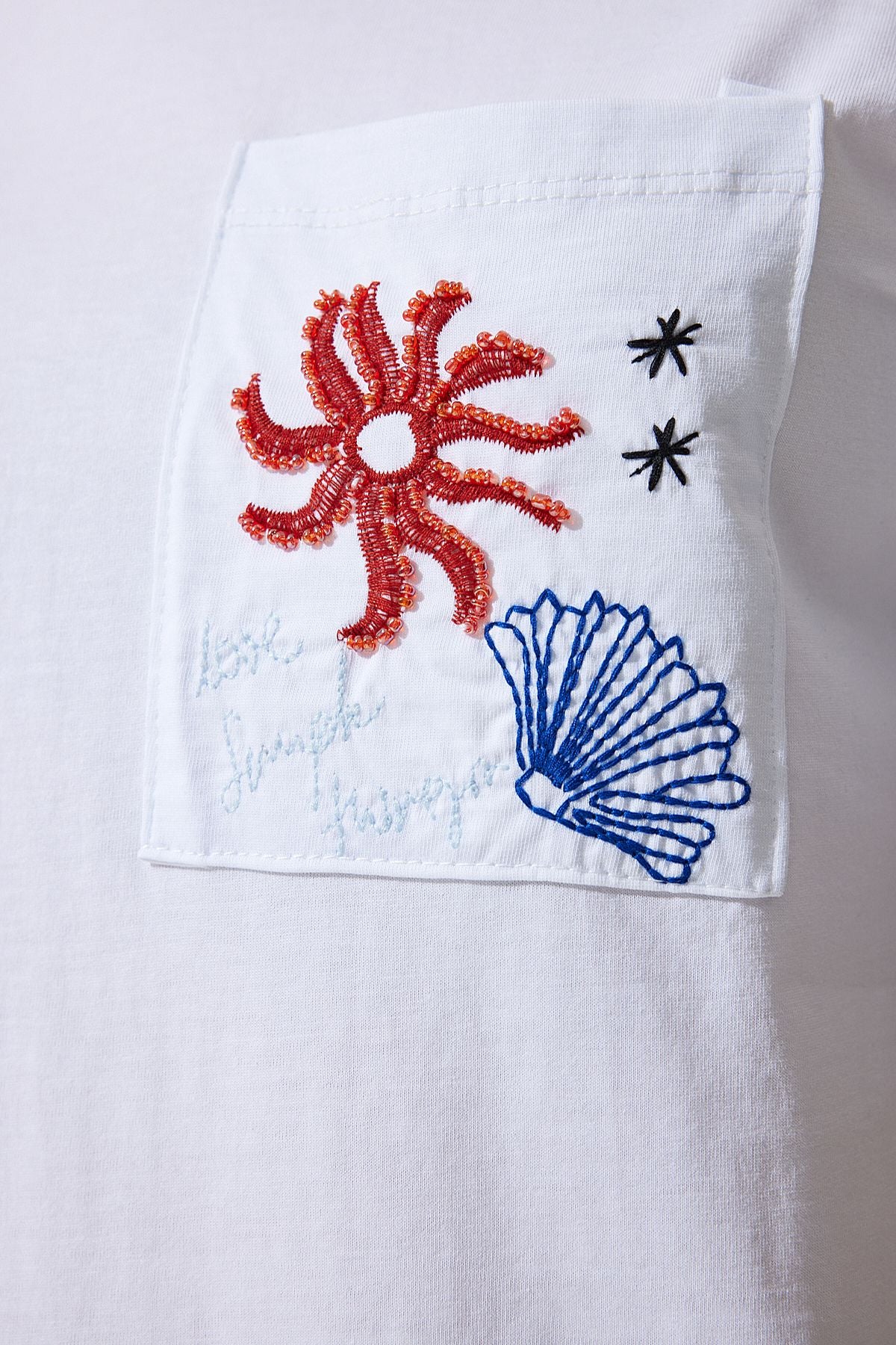 Beyaz Bisiklet Yaka İşlemeli Örme T-Shirt CR00425