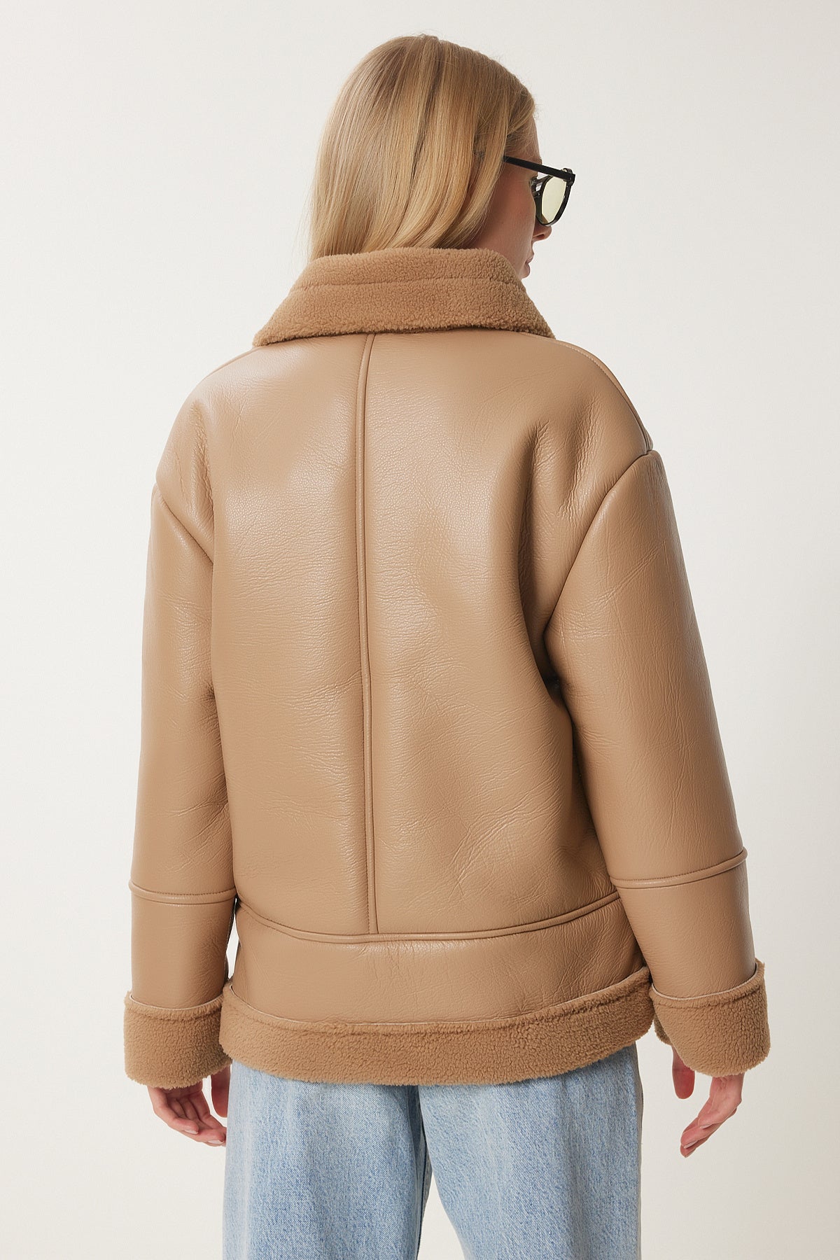 Camel İçi Suni Kürklü Suni Deri Biker Ceket RV00202