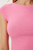 Pembe Taş Detaylı Crop Fitilli Örme Bluz MX00194