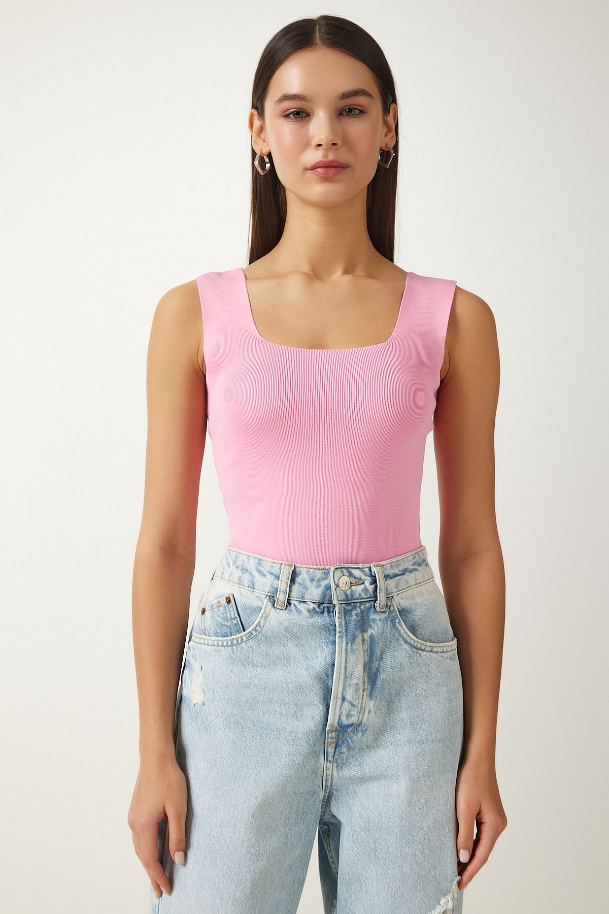 Pembe Kare Yaka Triko Crop Bluz US00358