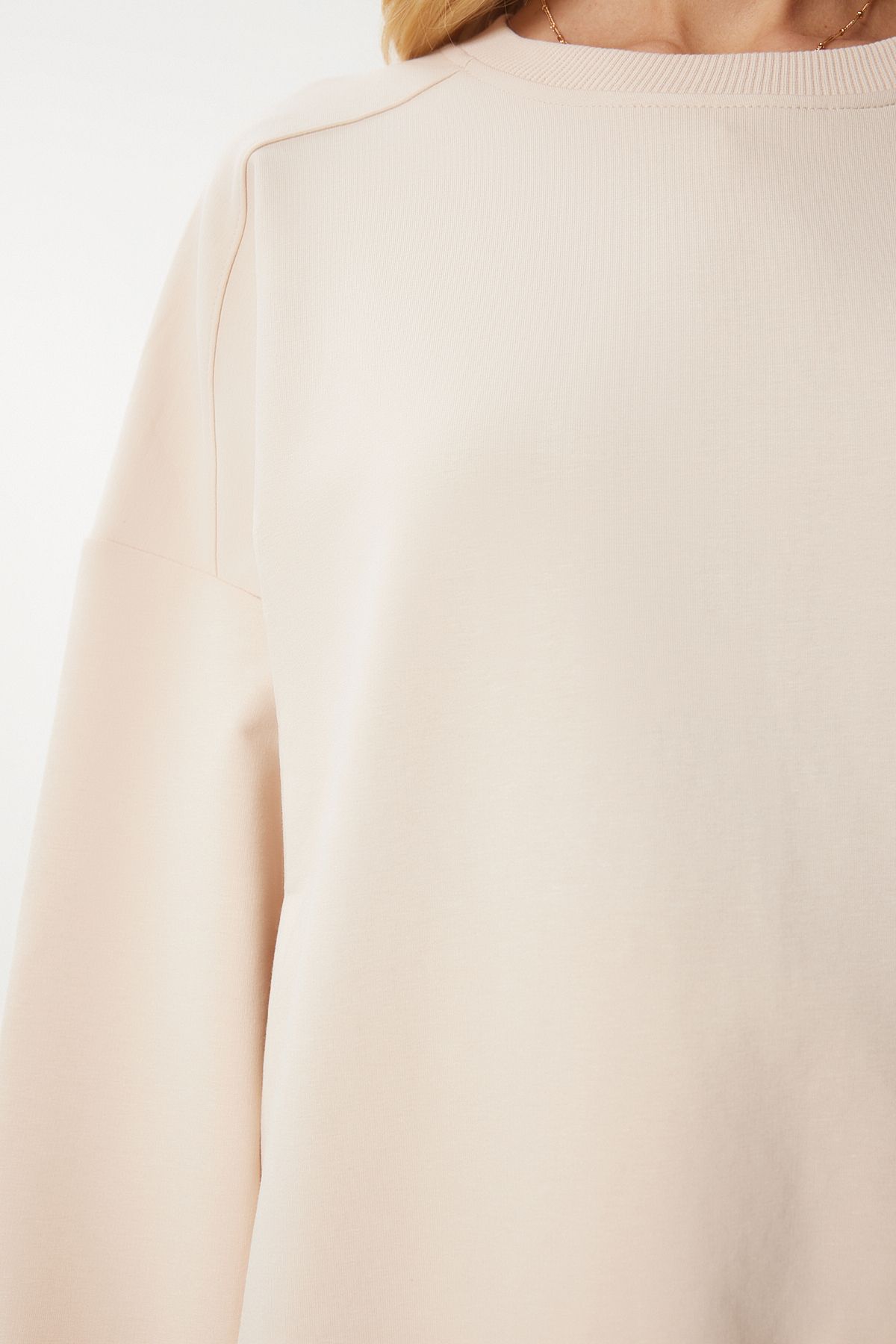 Krem Bisiklet Yaka Oversize Örme Eşofman Takımı FN03456