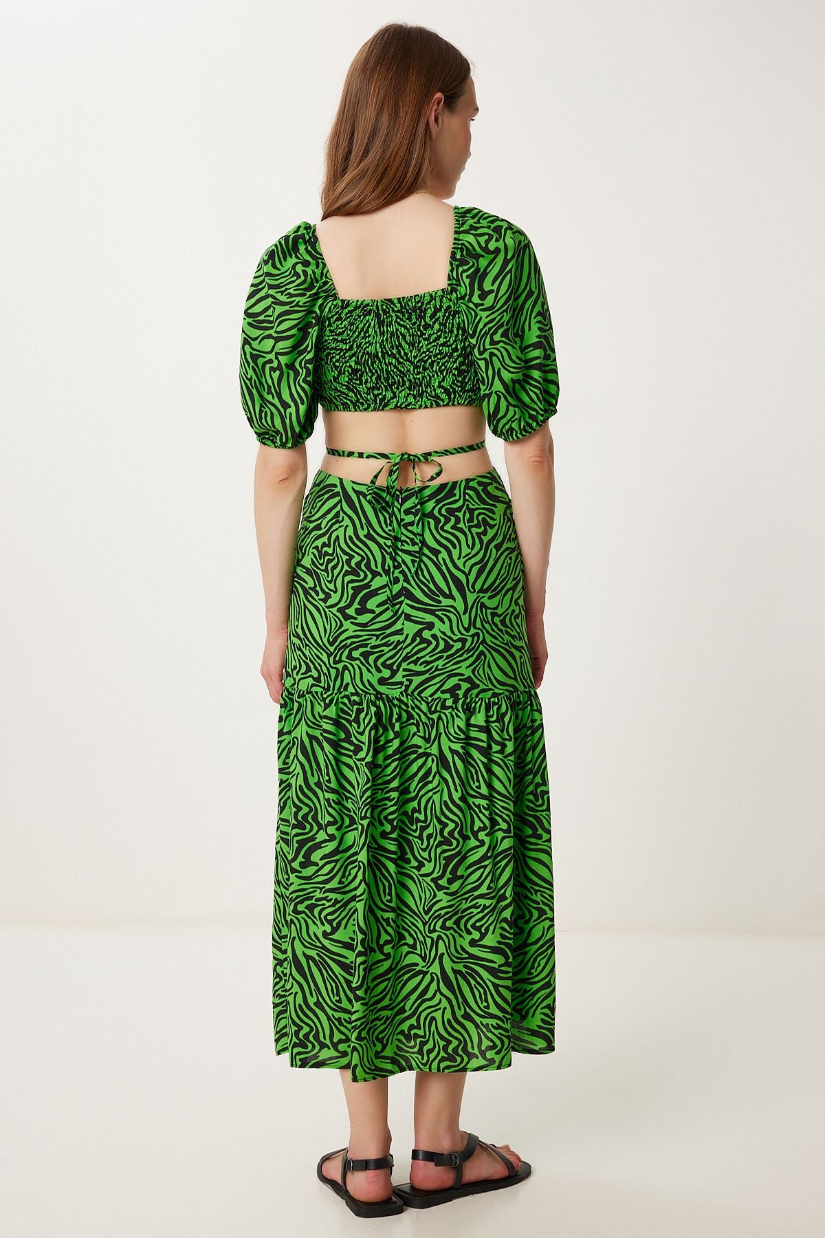 Yeşil Siyah Desenli Crop Bluz Etek Takım FK00033