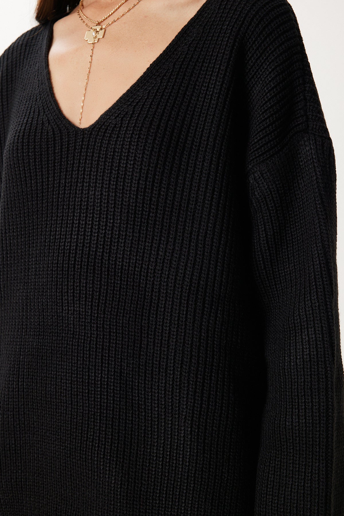Siyah V Yaka Oversize Basic Triko Kazak MX00130