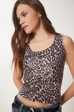 Siyah Bej Leopar Desenli Kolsuz Sandy Bluz AN00225