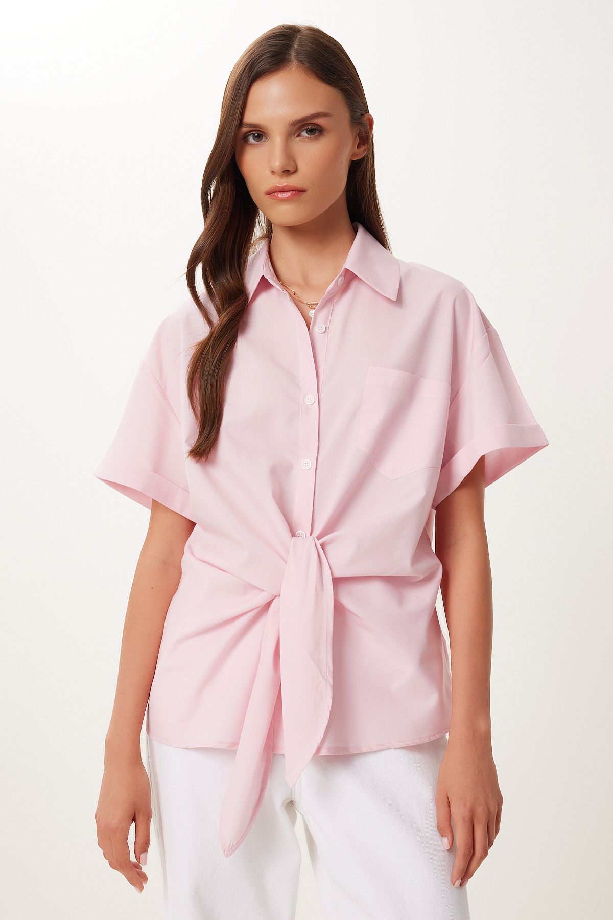 Pembe Bağlama Detaylı Poplin Gömlek BV00140