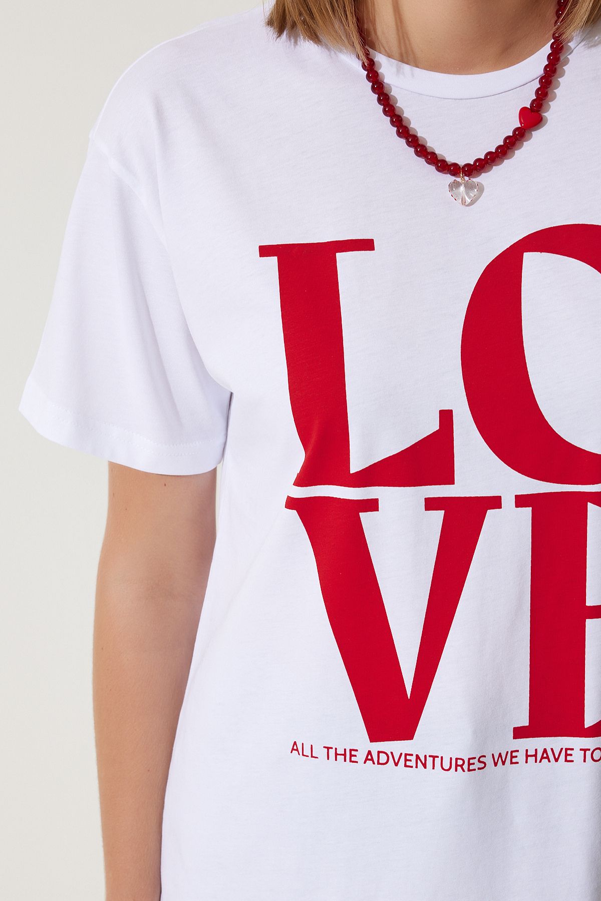 Beyaz Baskılı Oversize Pamuklu T-Shirt NJ00150