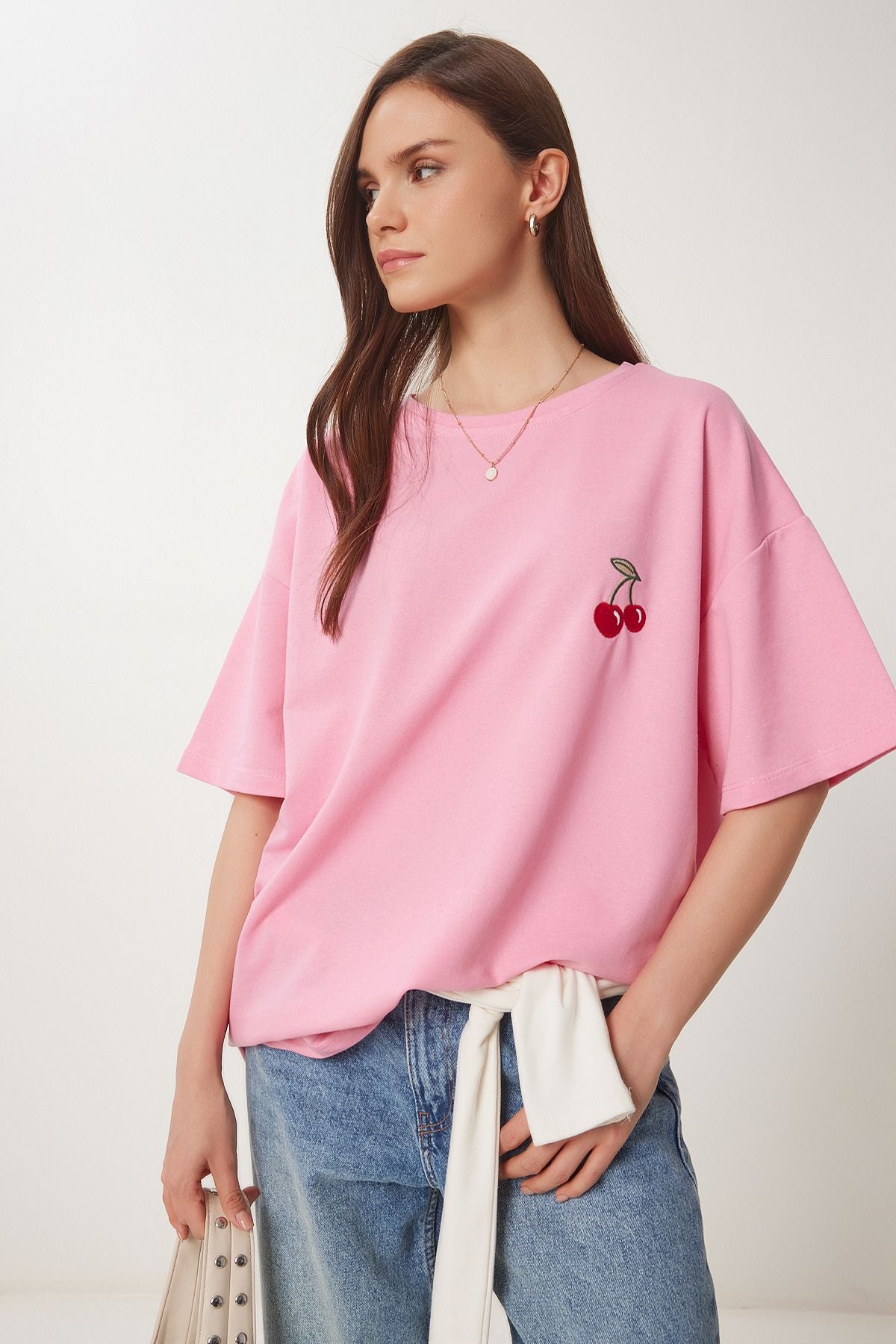 Pembe Oversize Nakışlı Örme T-Shirt ZV00276