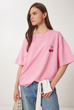 Pembe Oversize Nakışlı Örme T-Shirt ZV00276