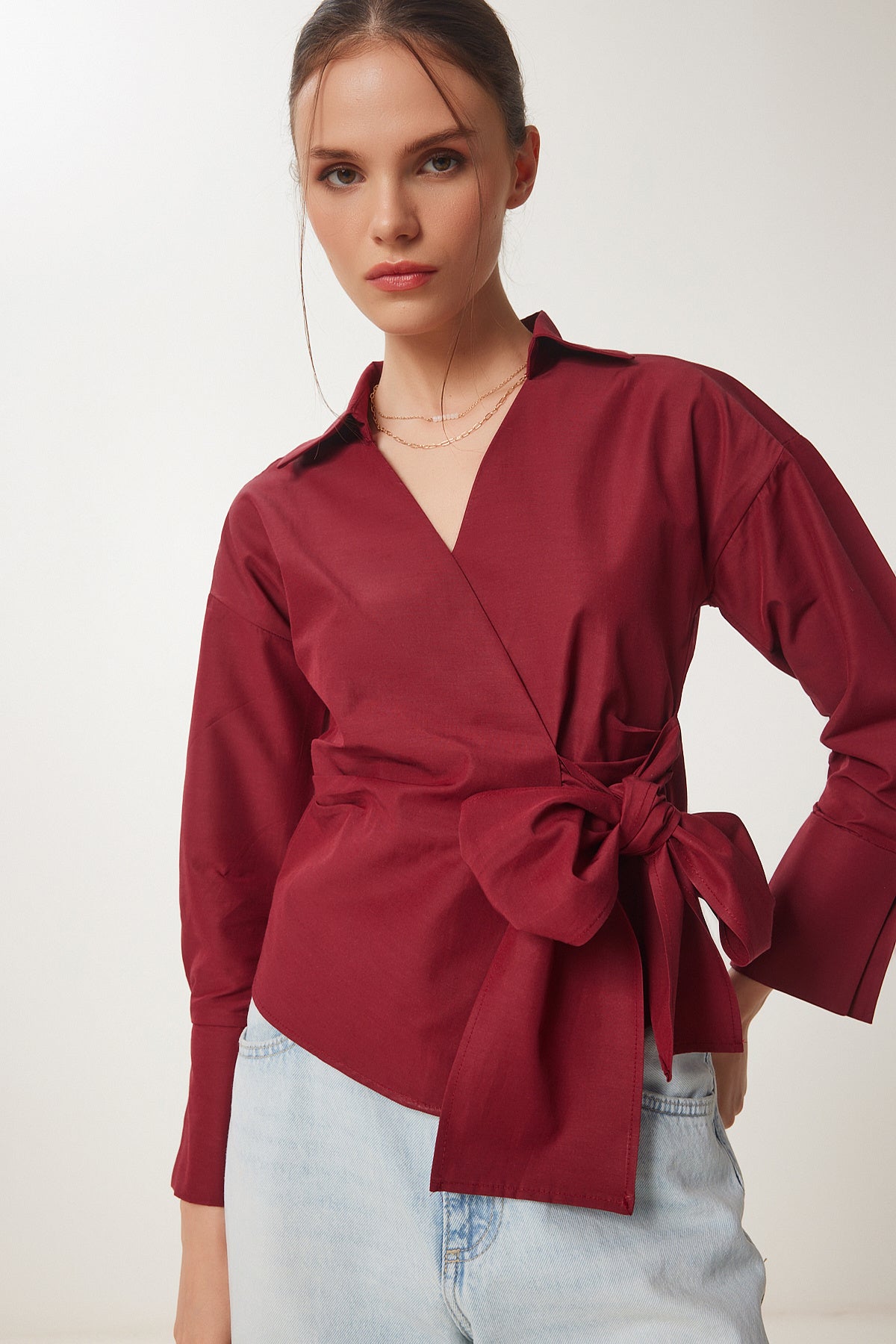 Bordo Gömlek Yaka Anvelop Poplin Bluz DP00243