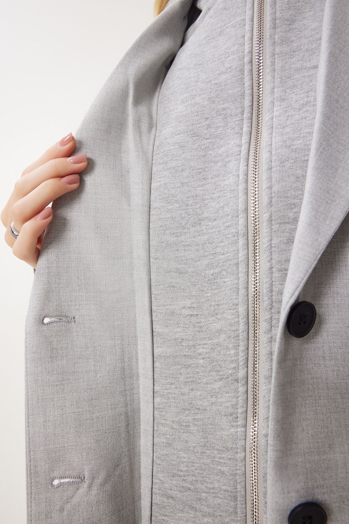 Açık Gri Kapüşon Detaylı Dokuma Blazer Ceket FN03440