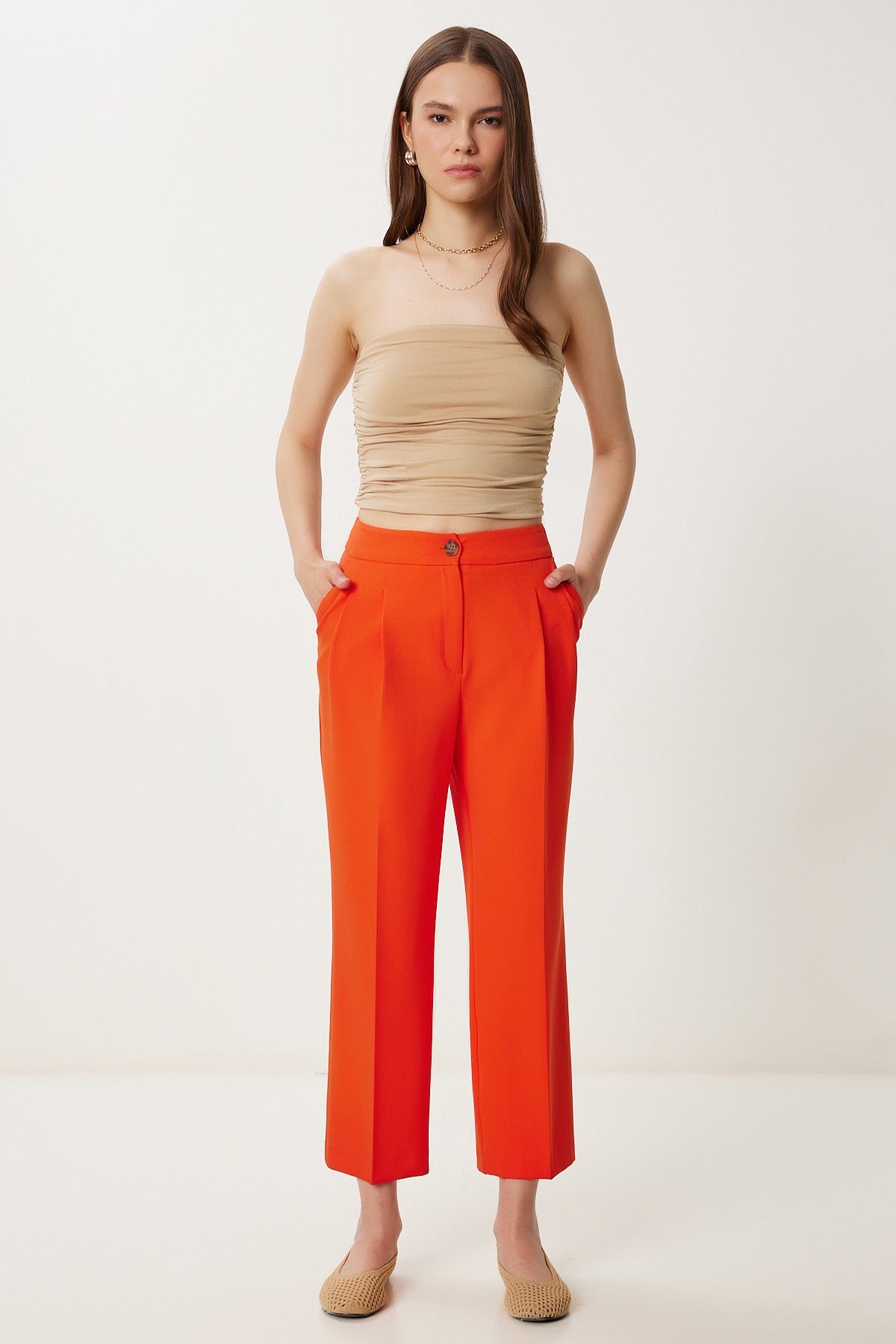 Oranj Yüksek Bel Pensli Dokuma Pantolon WF00121