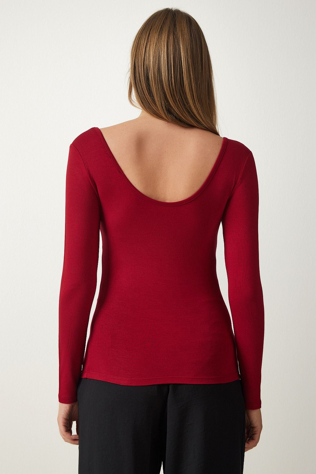 Bordo Geniş U Yaka Viskon Örme Bluz RX00043