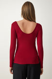 Bordo Geniş U Yaka Viskon Örme Bluz RX00043
