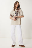 Krem Ayıcık Armalı Pamuklu Oversize Örme T-Shirt CR00452