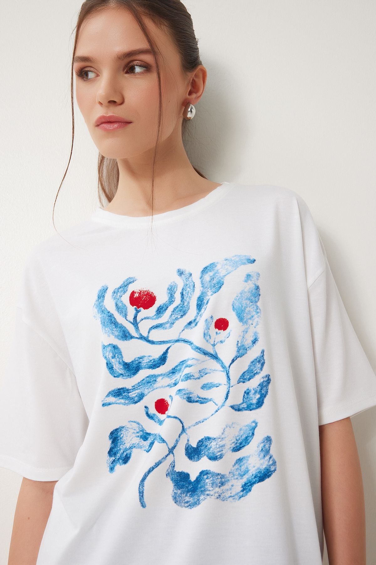 Ekru Baskılı Oversize Örme T-Shirt ZV00292