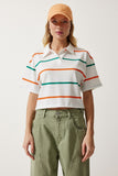 Ekru Oranj Polo Yaka Çizgili Kısa Örme T-Shirt HF00454