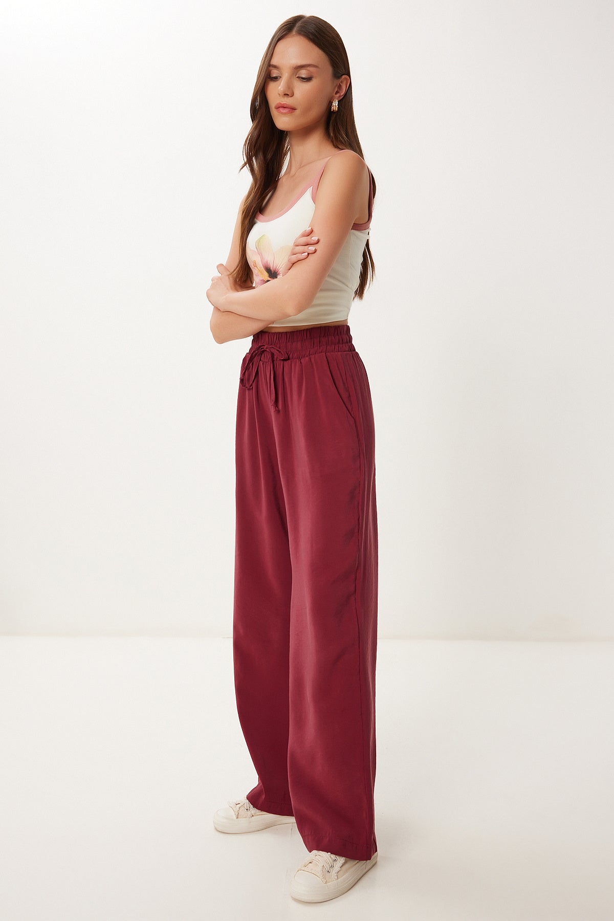 Bordo Geniş Paça Yazlık Modal Pantolon BV00157
