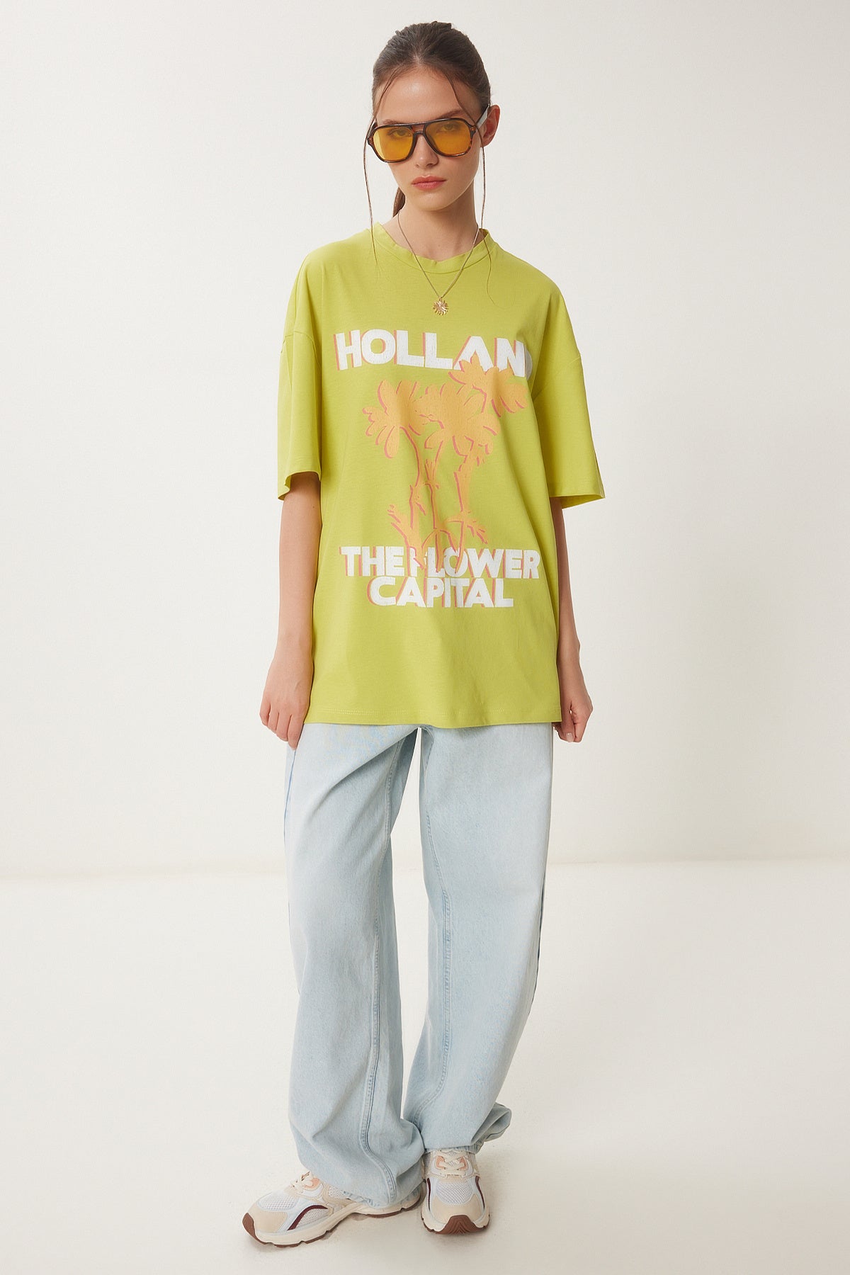 Yağ Yeşili Oversize Baskılı Örme T-Shirt JH00054