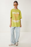 Yağ Yeşili Oversize Baskılı Örme T-Shirt JH00054
