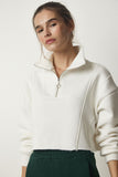 Ekru Fermuarlı Şardonlu Crop Örme Sweatshirt HF00441