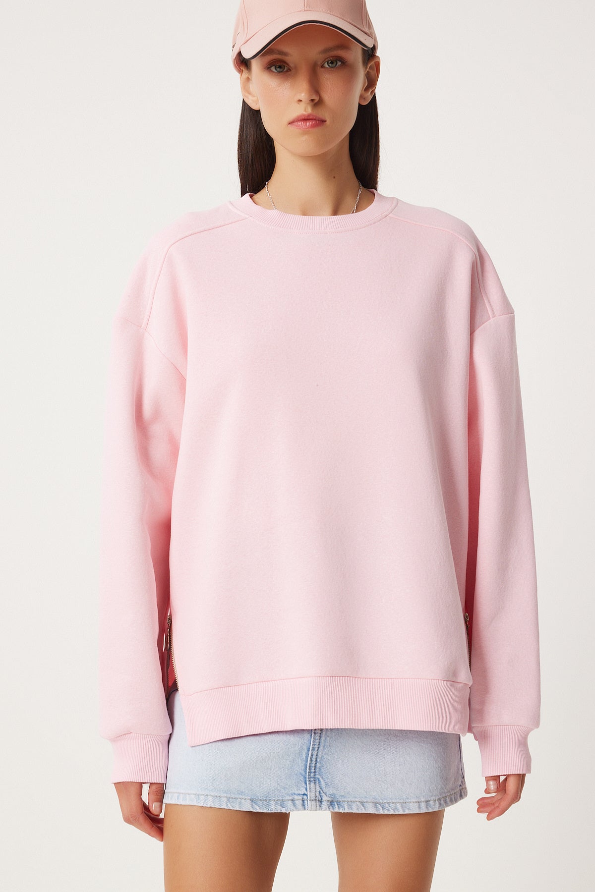 Pembe Fermuar Detaylı Şardonlu Örme Sweatshirt UB00148