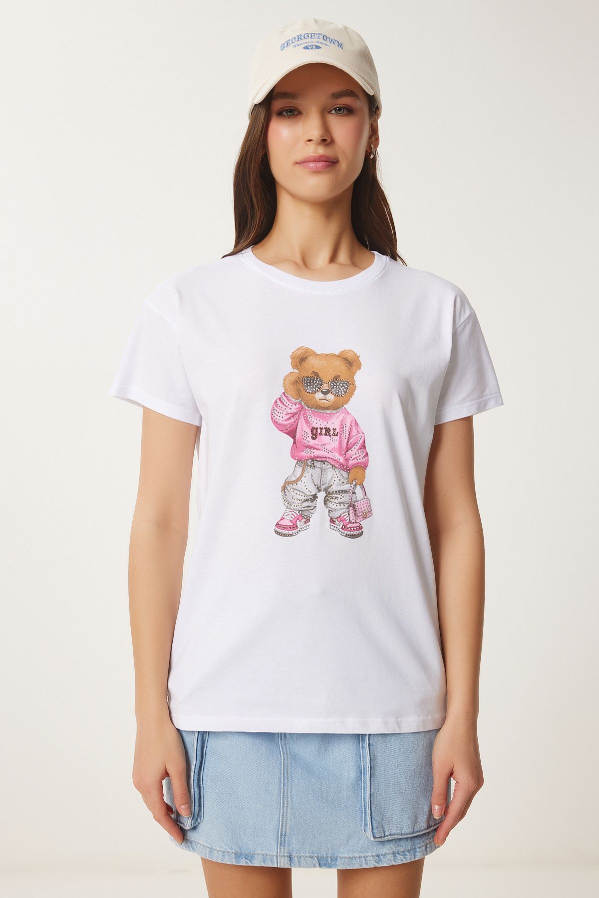 Beyaz Taş Detaylı Ayıcık Baskılı Örme T-Shirt BW00001