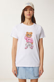 Beyaz Taş Detaylı Ayıcık Baskılı Örme T-Shirt BW00001