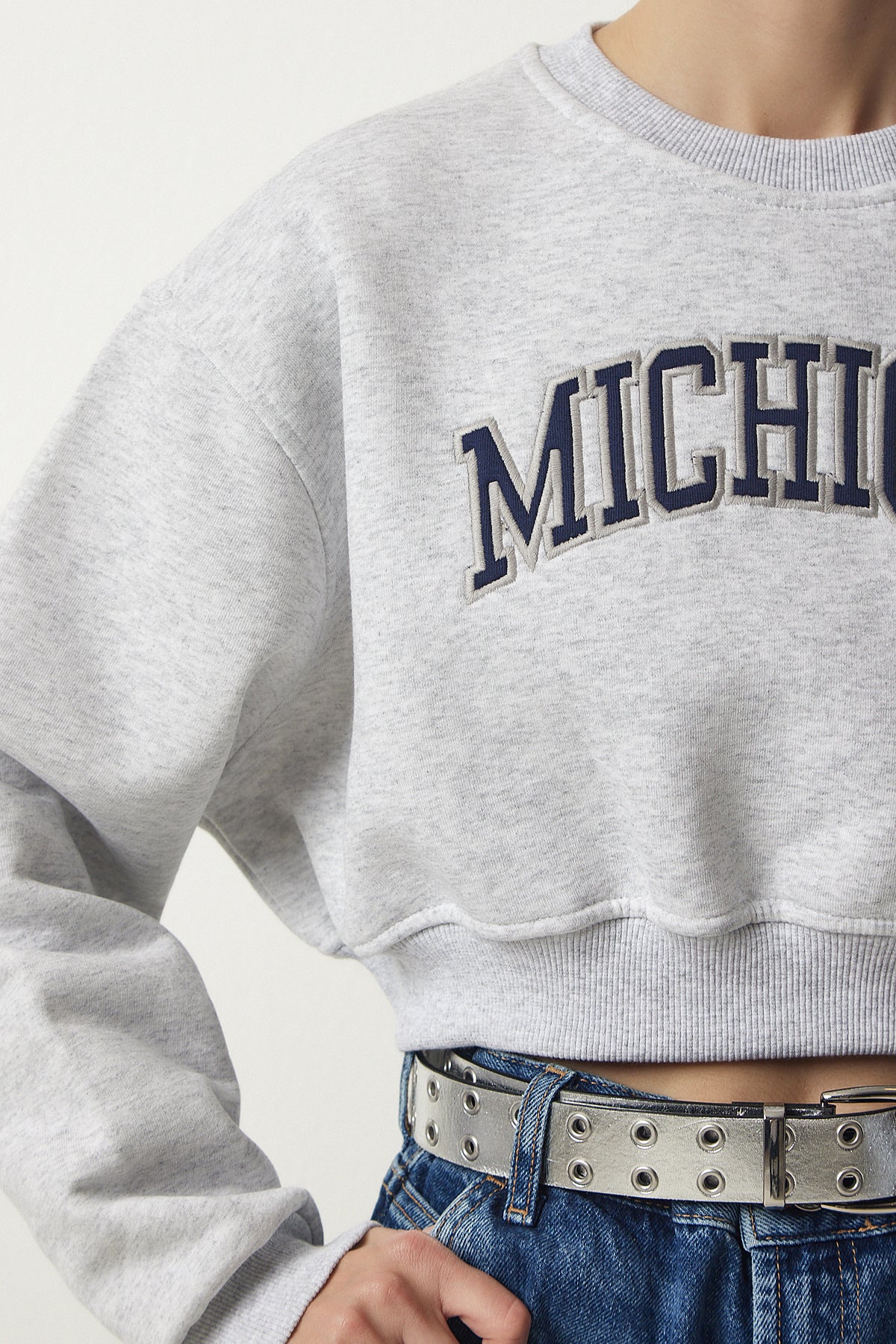 Gri Baskılı Şardonlu Crop Örme Sweatshirt HF00443