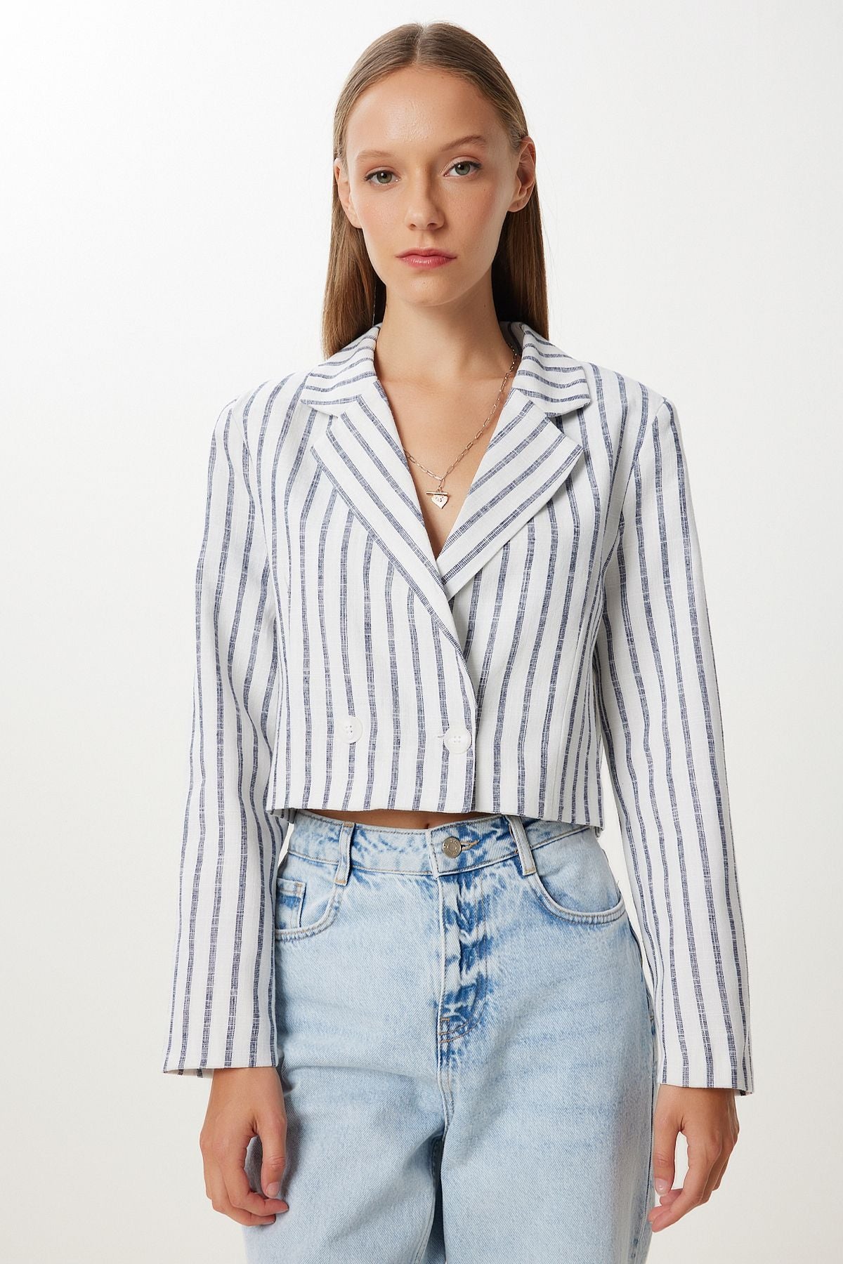 Ekru Lacivert Vatkalı Keten Crop Ceket MX00254