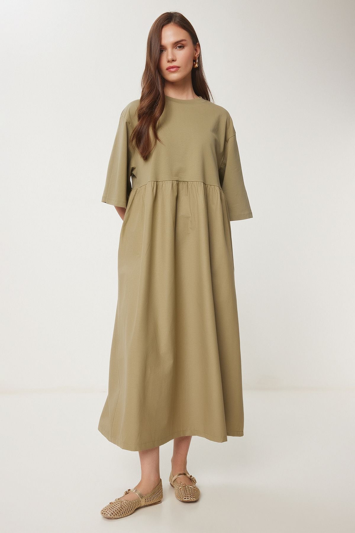 Zeytin Yeşili Esnek Örme Üstlü Poplin Etekli Oversize Elbise FZ00002