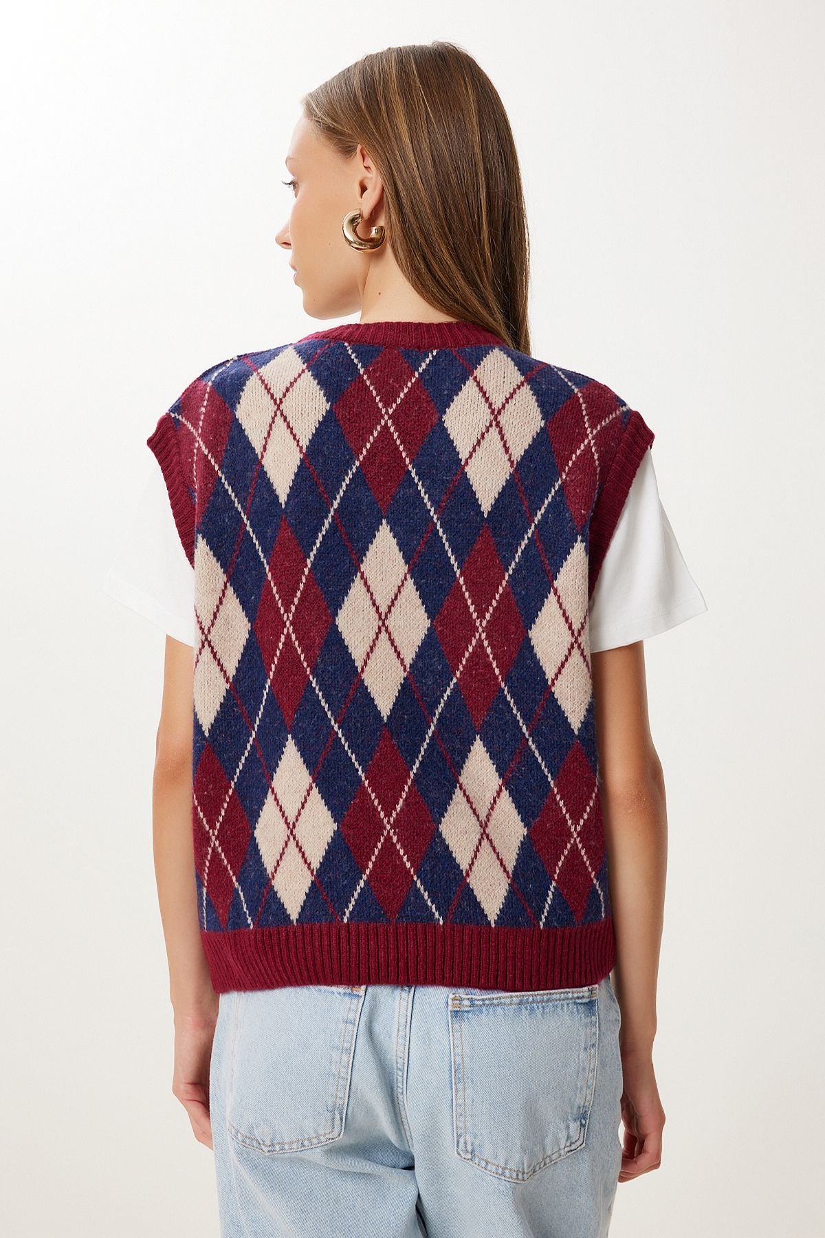 Bordo Lacivert Baklava Desenli Triko Süveter MX00250