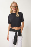 Siyah Pamuklu Crop Örme T-Shirt CR00443