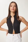 Siyah Fermuarlı Fitilli Crop Bluz KH00100