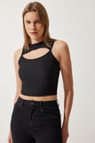 Siyah Cut Out Detaylı Fitilli Crop Örme Bluz KH00089