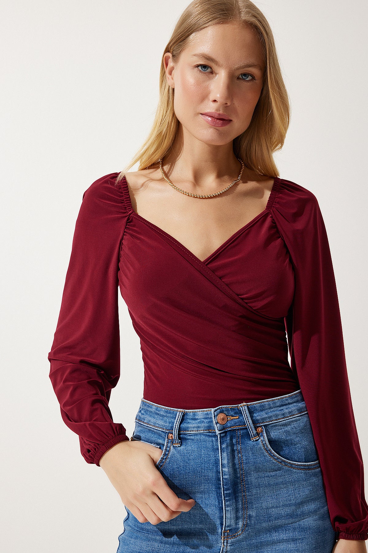 Bordo Elastik Balon Kollu Sandy Örme Bluz FF00154