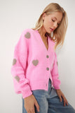 Pembe Kalp Motifli Oversize Triko Hırka PF00084