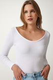 Beyaz V Yaka Fitilli Likralı Örme Bluz GT00057