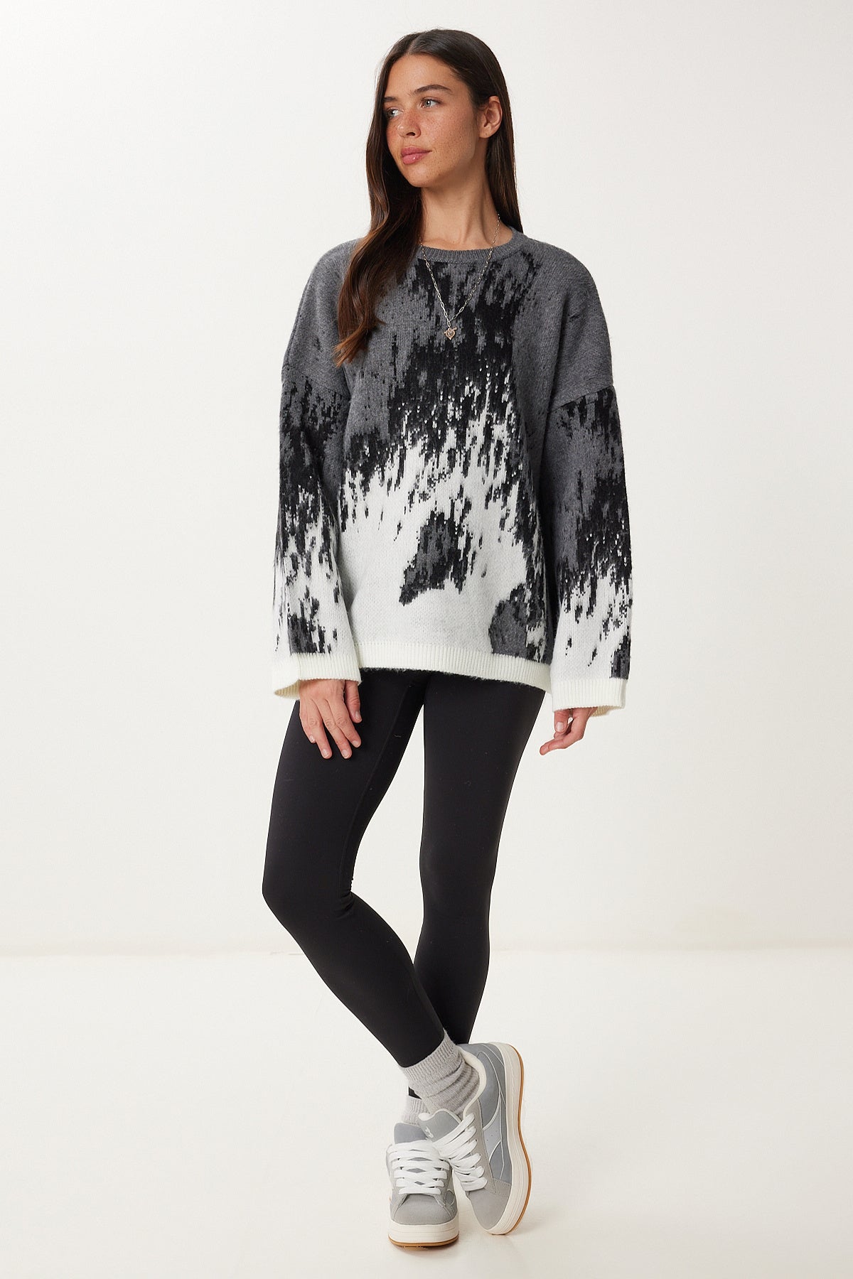 Antrasit Gri Desenli Oversize Triko Kazak Kİ00124