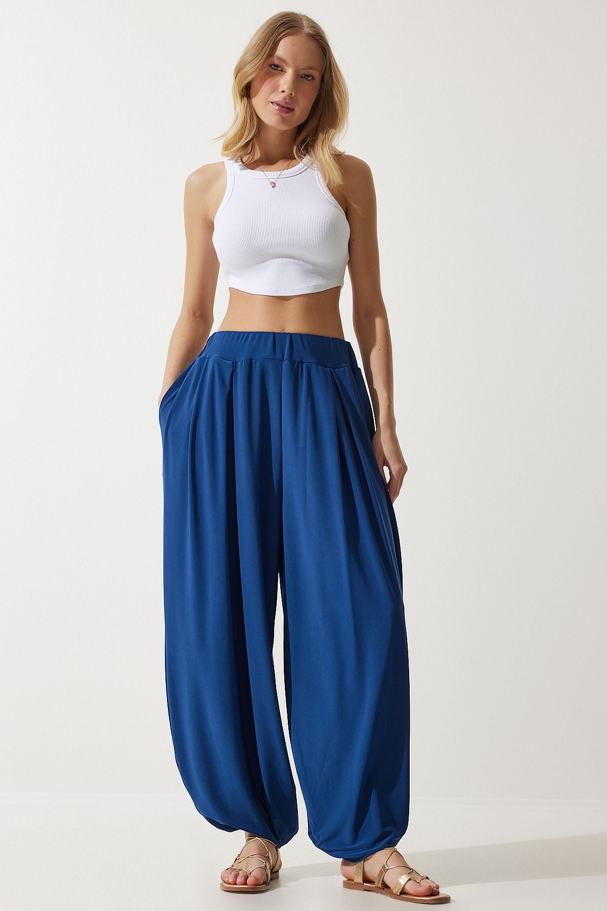 Lacivert Pileli Rahat Modal Şalvar Pantolon DD01313
