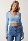 Gök Mavi U Yaka Fitilli Crop Triko Bluz PF00068
