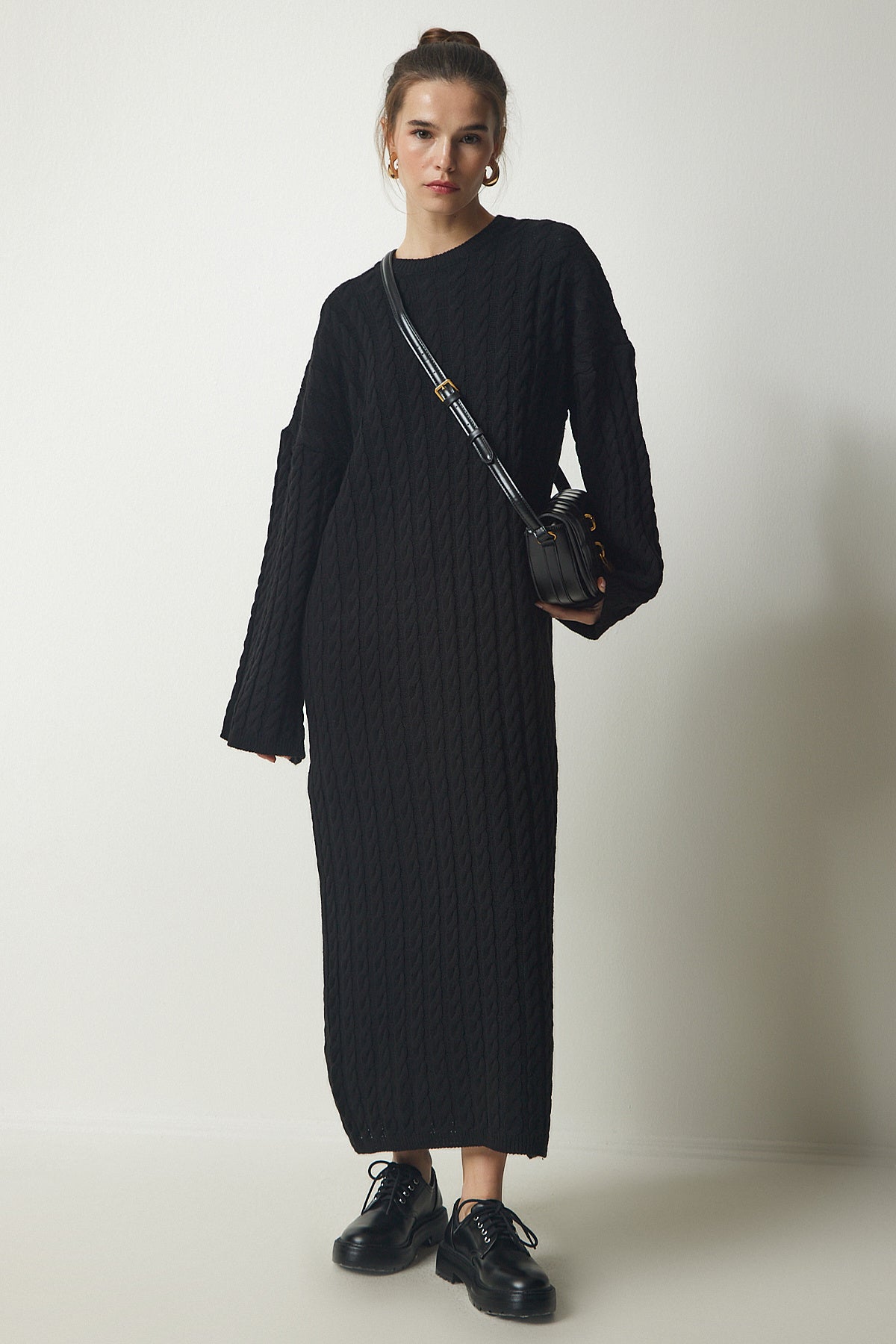 Siyah Örgü Detaylı Kalın Oversize Triko Elbise YY00184