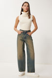 Koyu Mavi Yüksek Bel Soluk Efektli Baggy Jeans UT00027